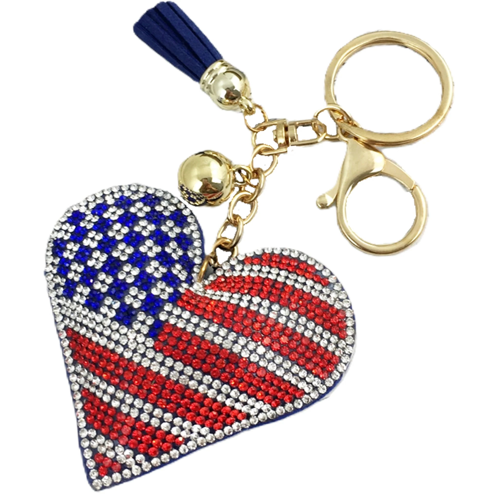 American Flag Heart Rhinestone Keyring