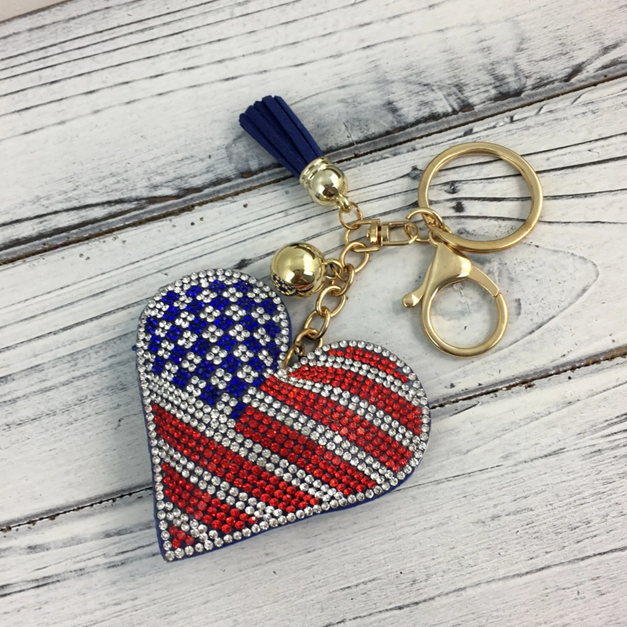 American Flag Heart Rhinestone Keyring - Image 2