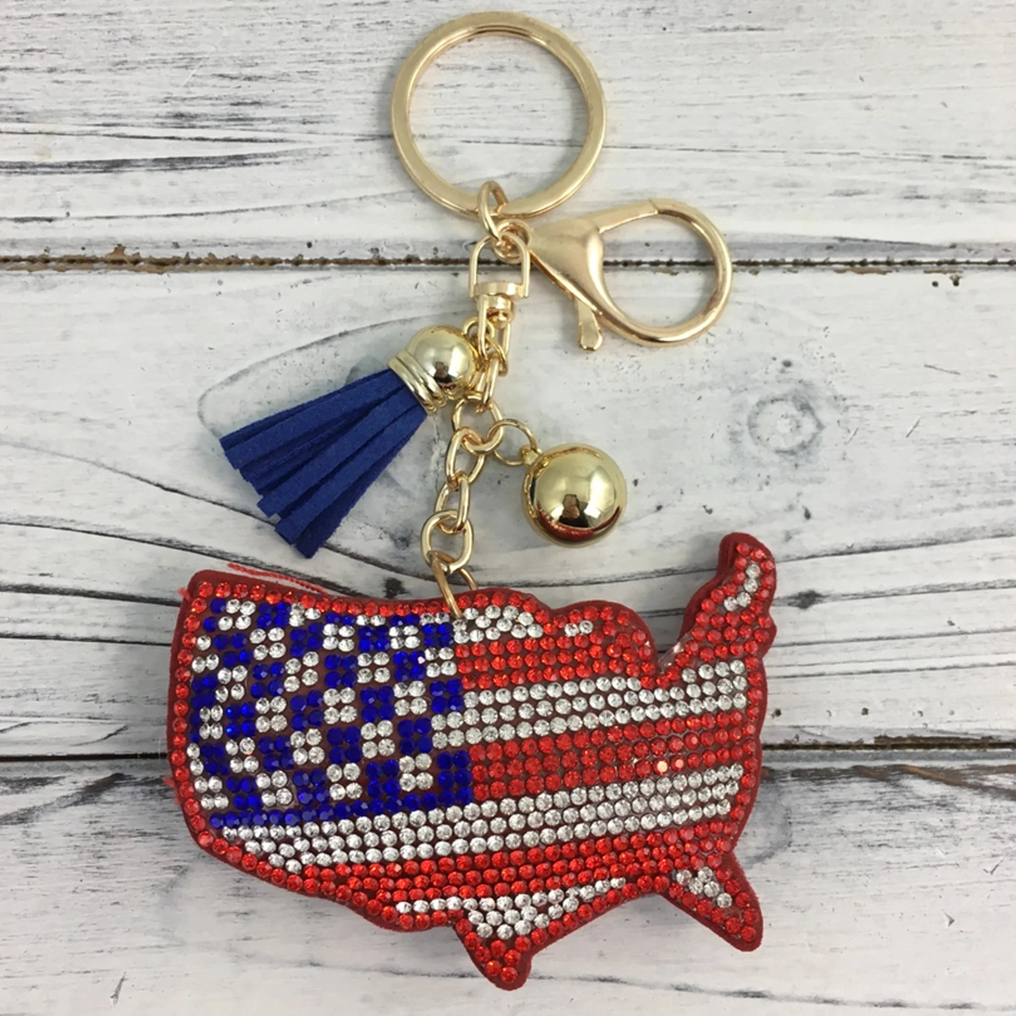 American Flag USA Country Shape Rhinestone Keyring - Image 2