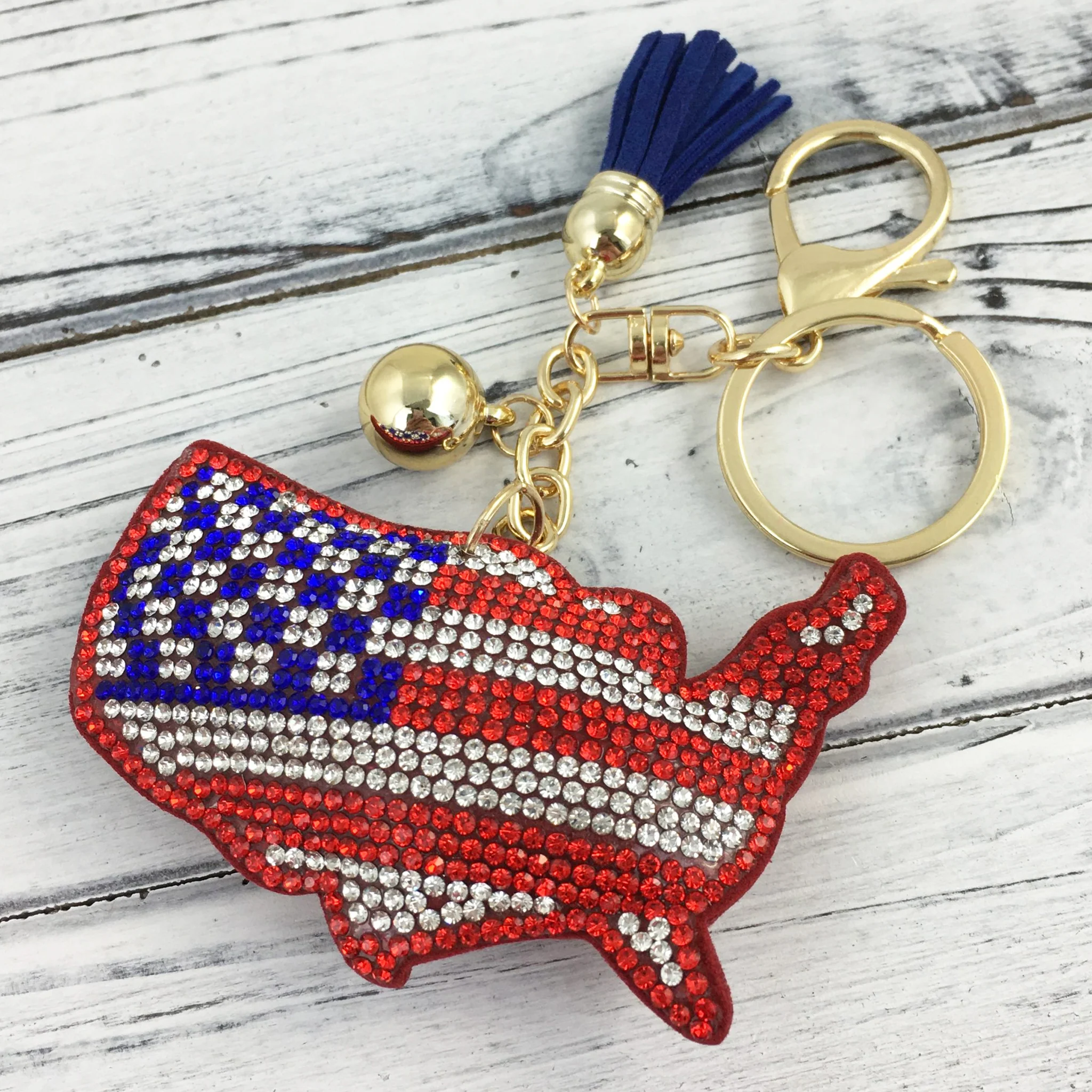 American Flag USA Country Shape Rhinestone Keyring - Image 3