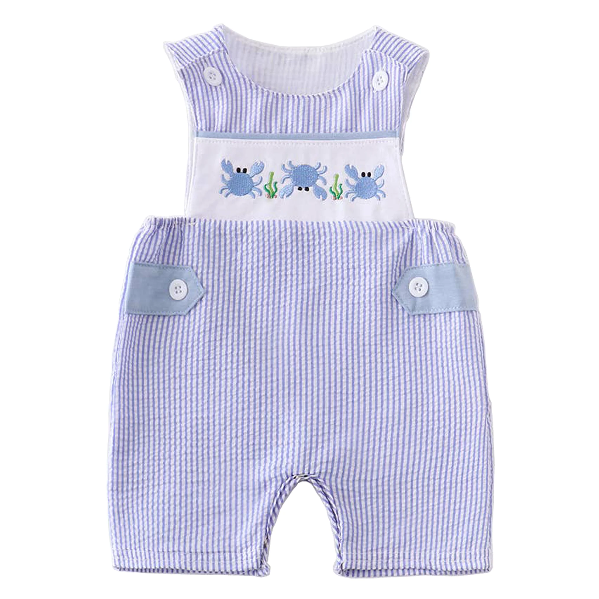 Blue Crab Embroidered Sleeveless Baby Romper