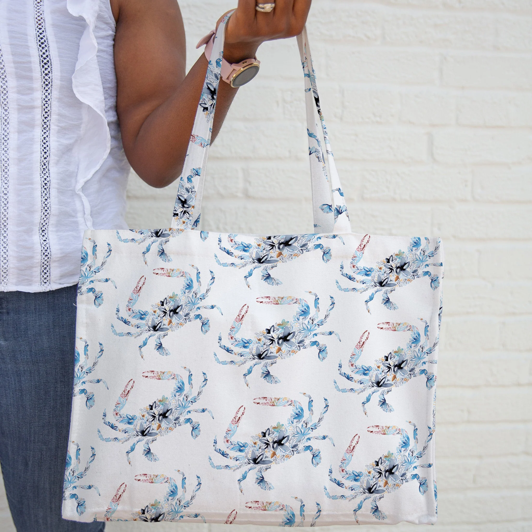 Blue Crab Floral Canvas Tote Bag - Image 6