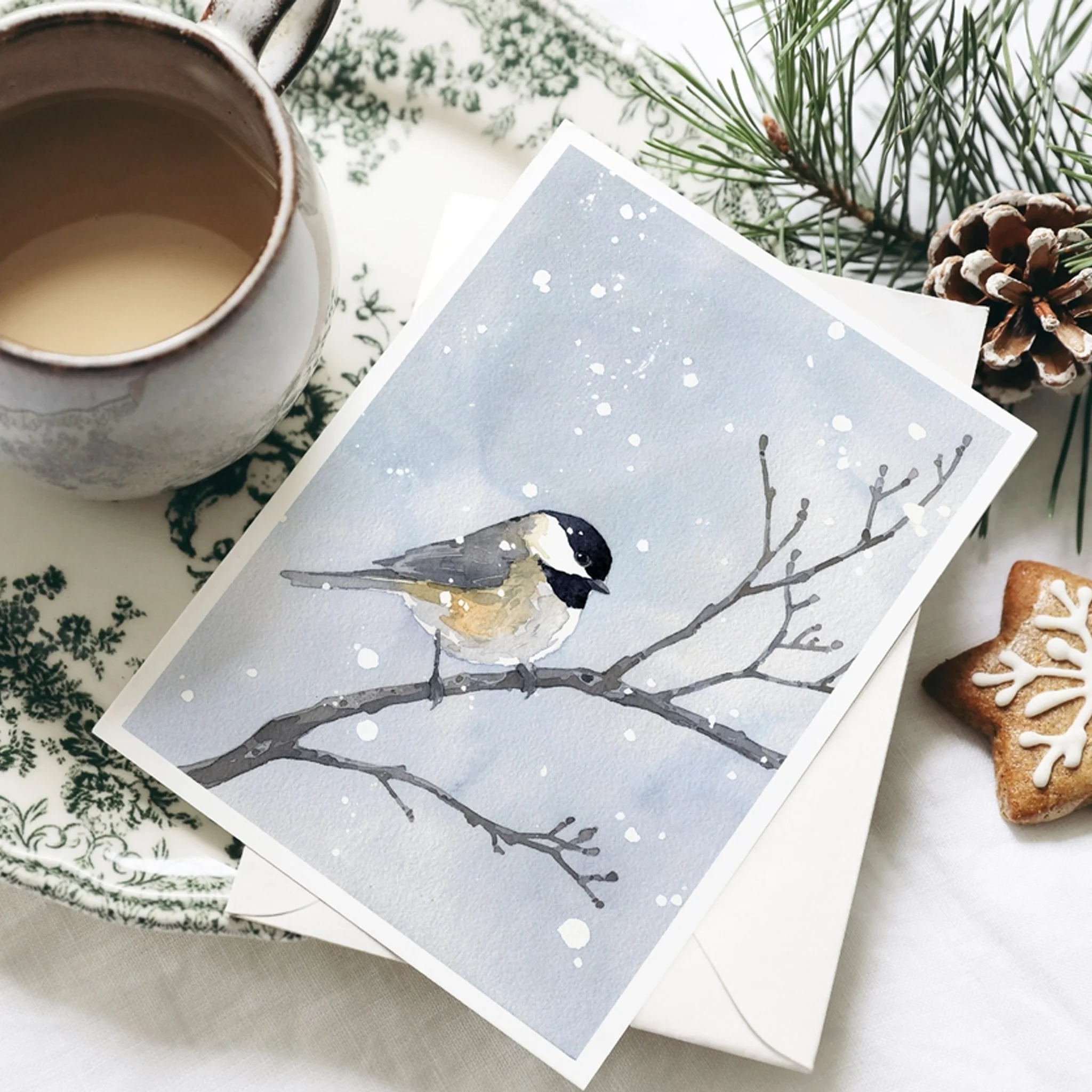 Chickadee In Winter Snow Watercolor Art 5"x7" Notecard - Image 2