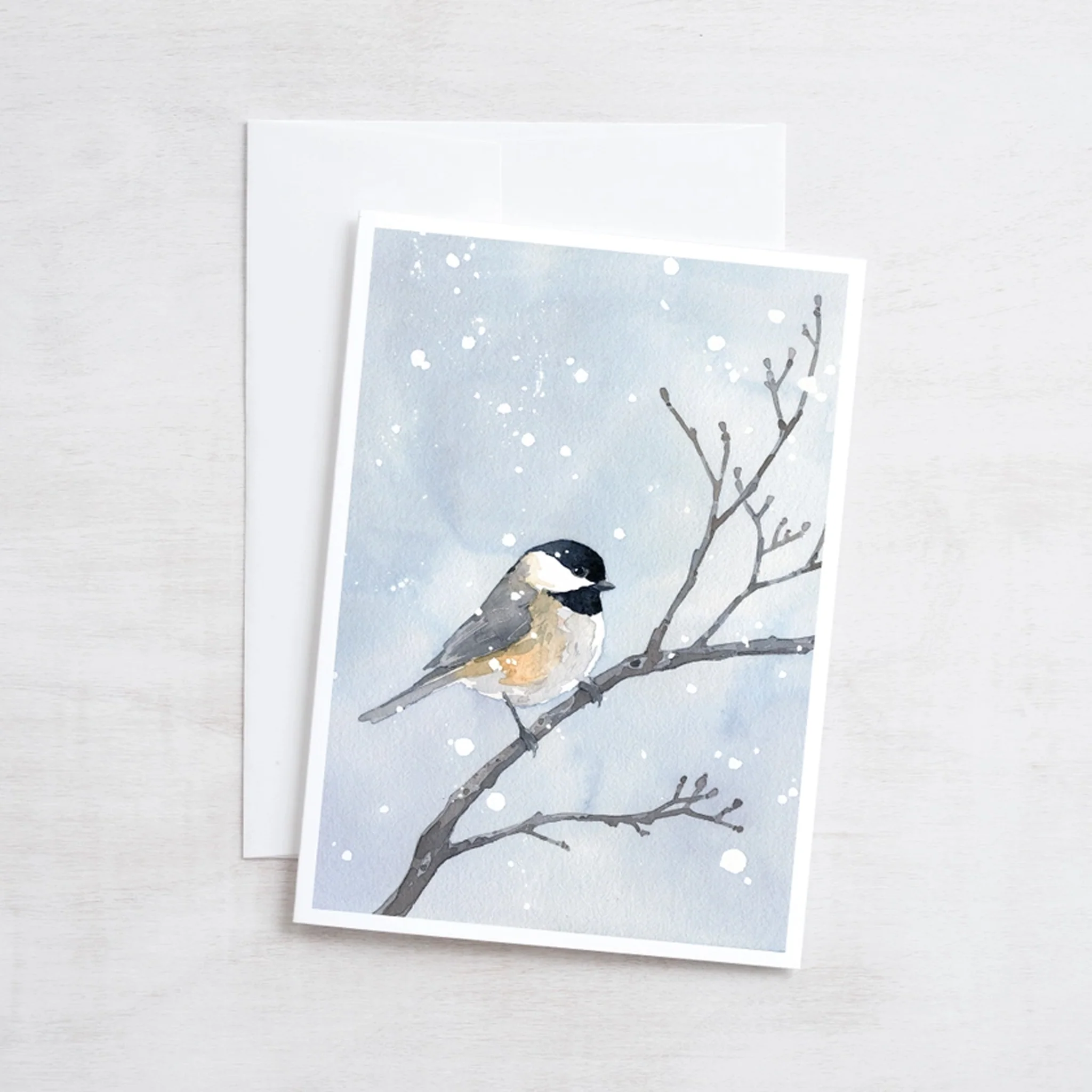 Chickadee In Winter Snow Watercolor Art 5"x7" Notecard - Image 3