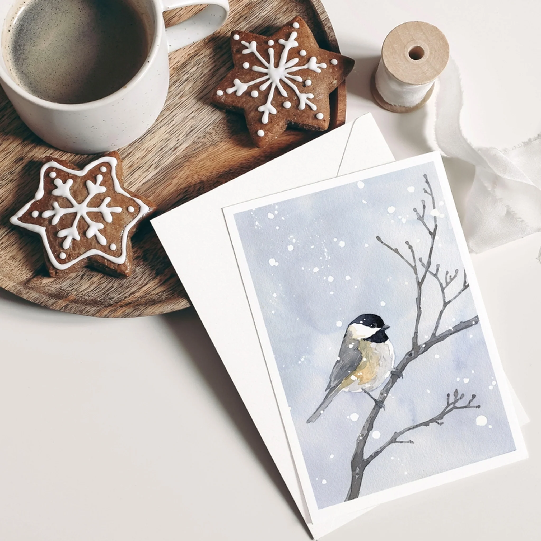 Chickadee In Winter Snow Watercolor Art 5"x7" Notecard - Image 4