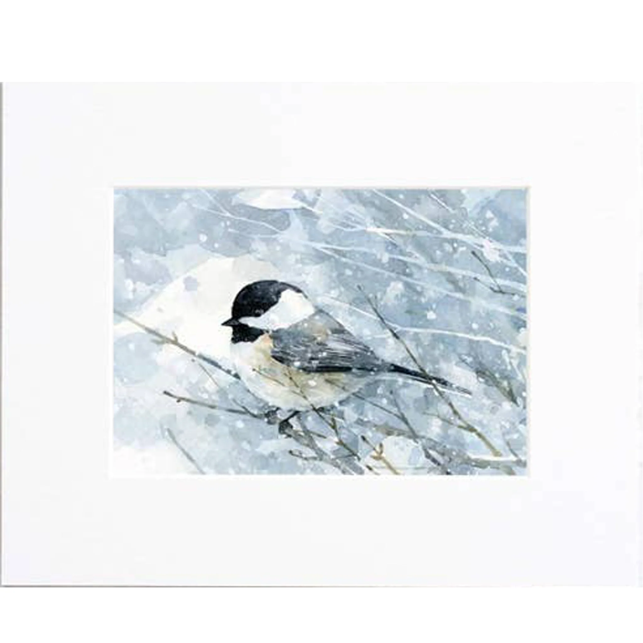Chickadee In Snow Watercolor Art Print - Matted