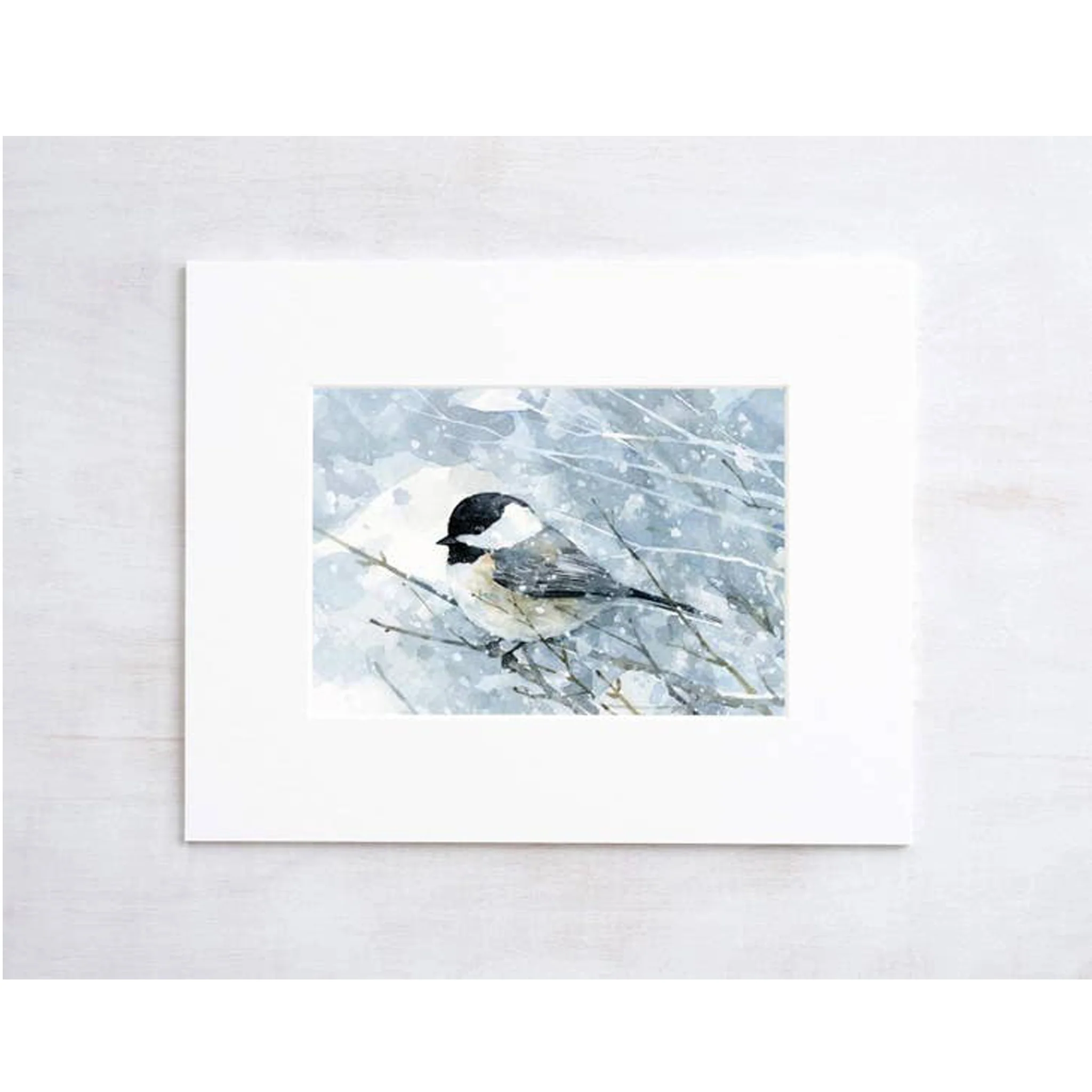 Chickadee In Snow Watercolor Art Print - Matted - Image 2