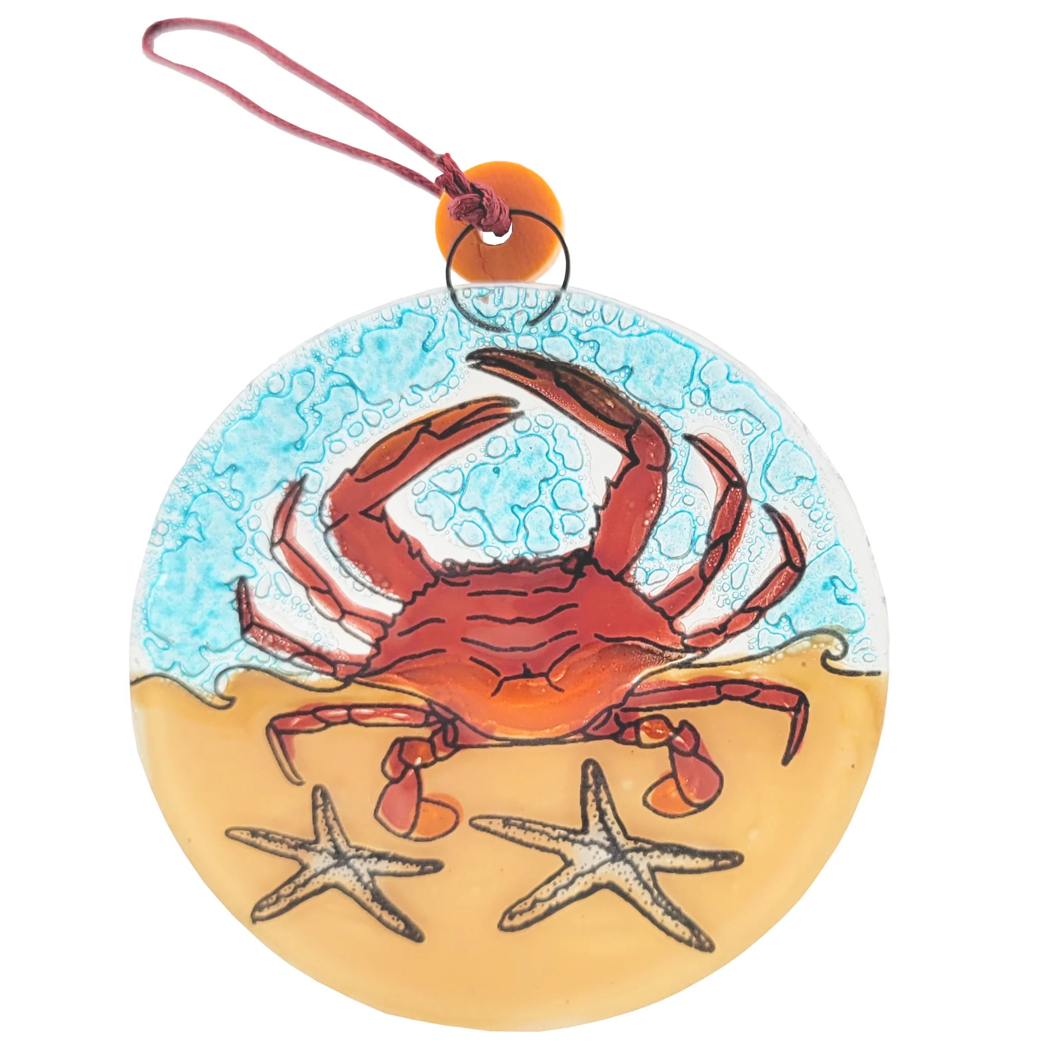 Crab at the Beach Glass Ornament - Blue or Red - Image 3