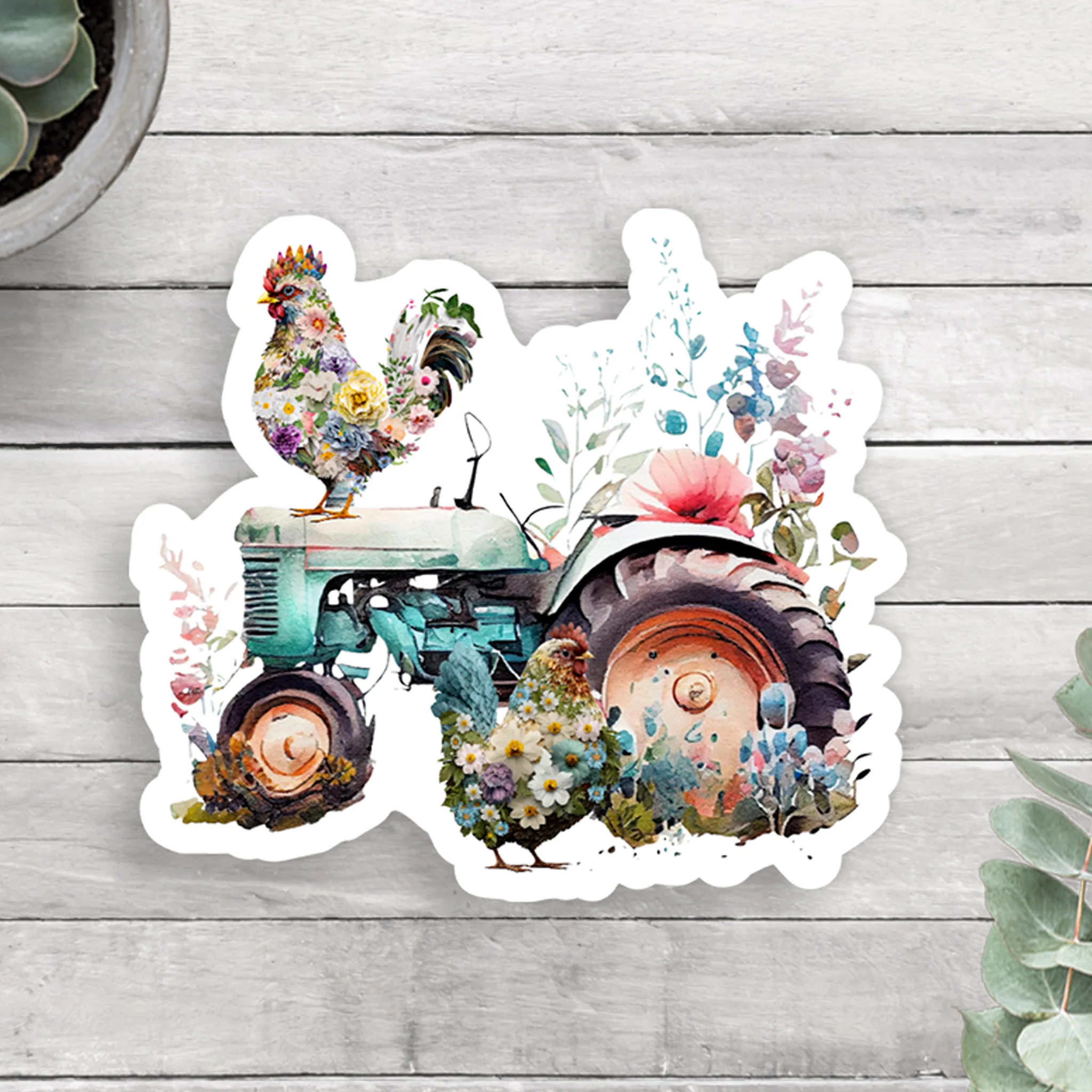 Farm Tractor & Chickens Floral Vinyl Sticker - Image 2