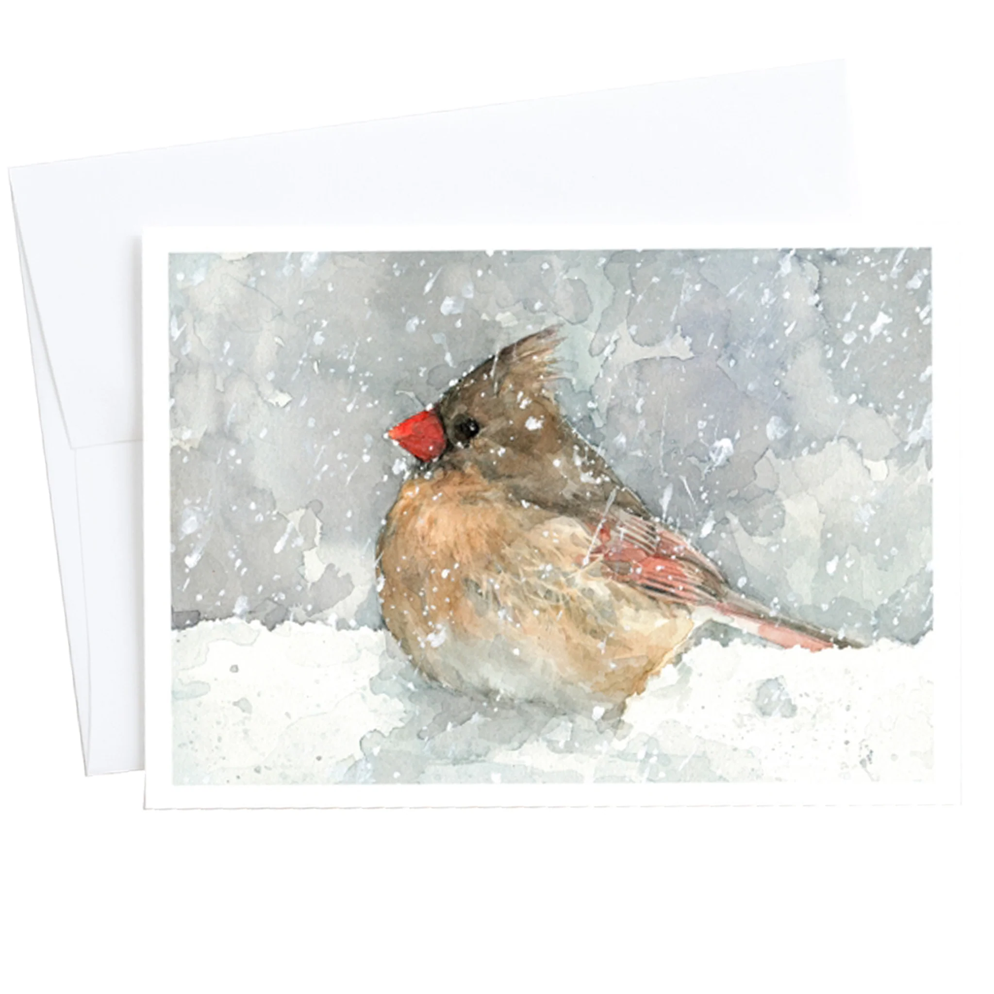 Female Cardinal In Snow Watercolor Art 5"x7" Notecard