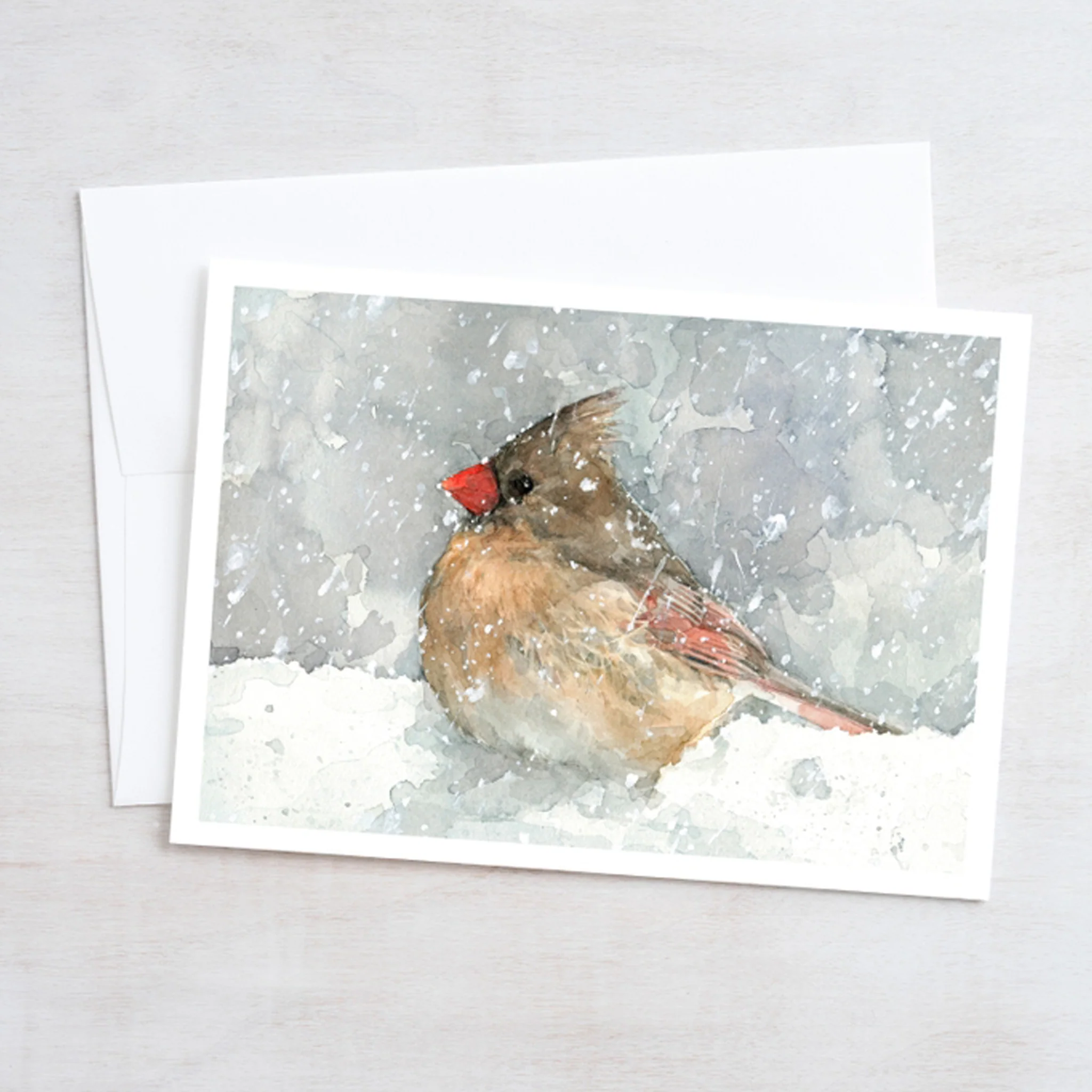 Female Cardinal In Snow Watercolor Art 5"x7" Notecard - Image 2
