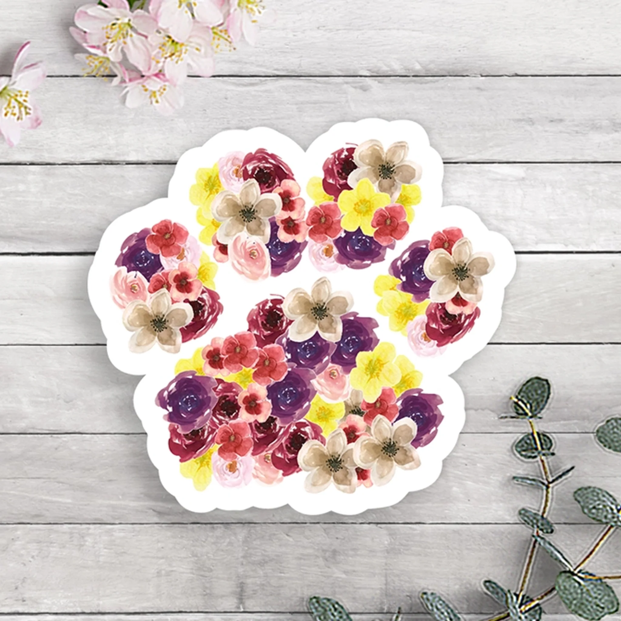Floral Dog Paw Print Die Cut Vinyl Sticker - Image 2