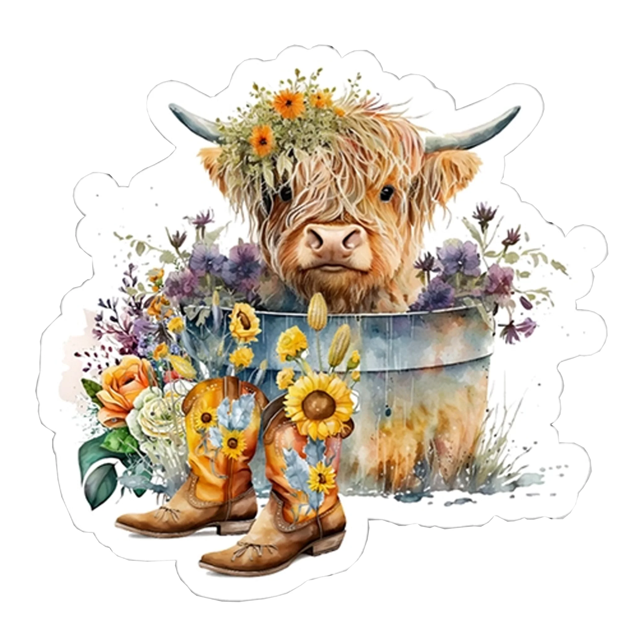 Highland Cow & Flowers Vinyl Sticker