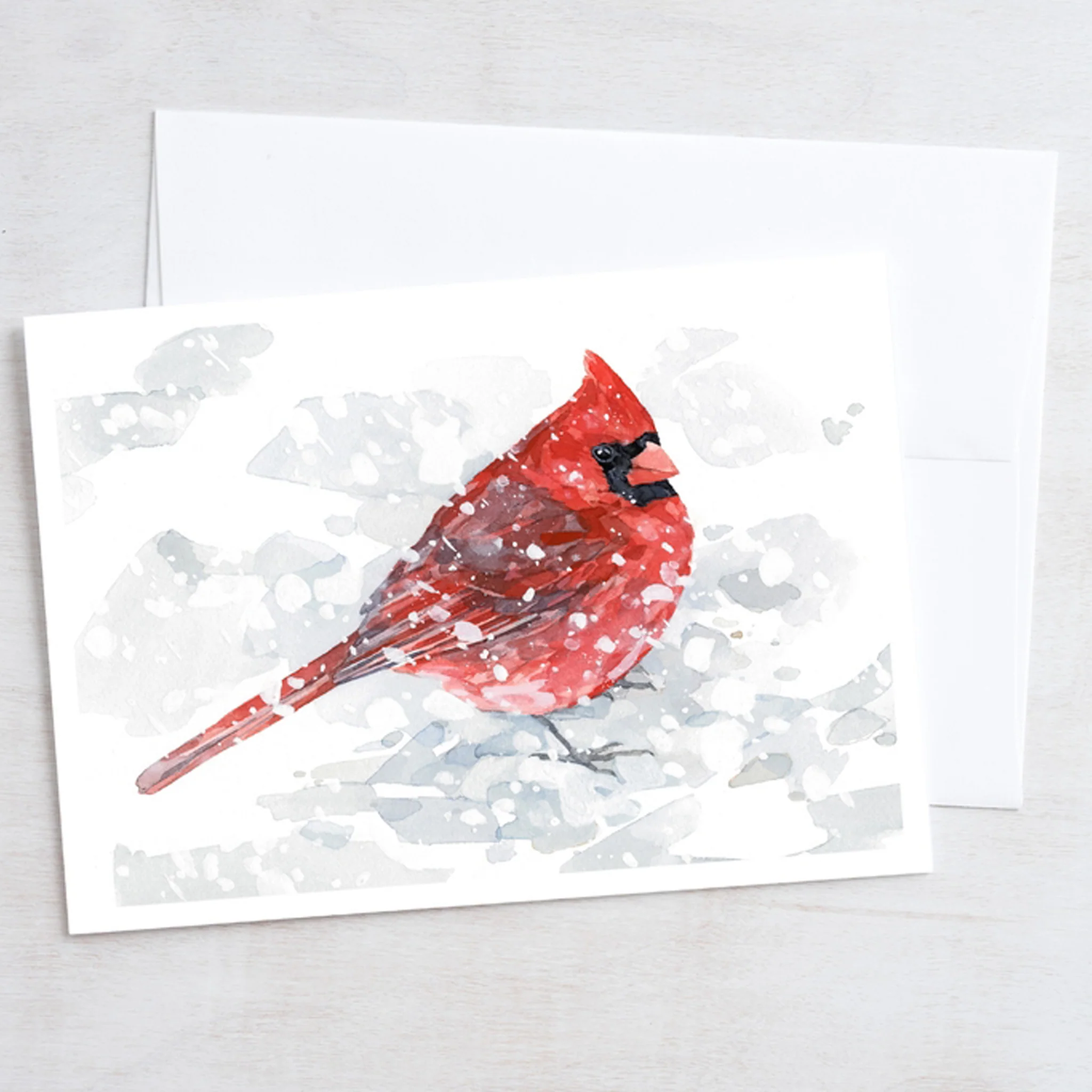 Male Cardinal In Snow Watercolor Art 5"x7" Notecard - Image 2