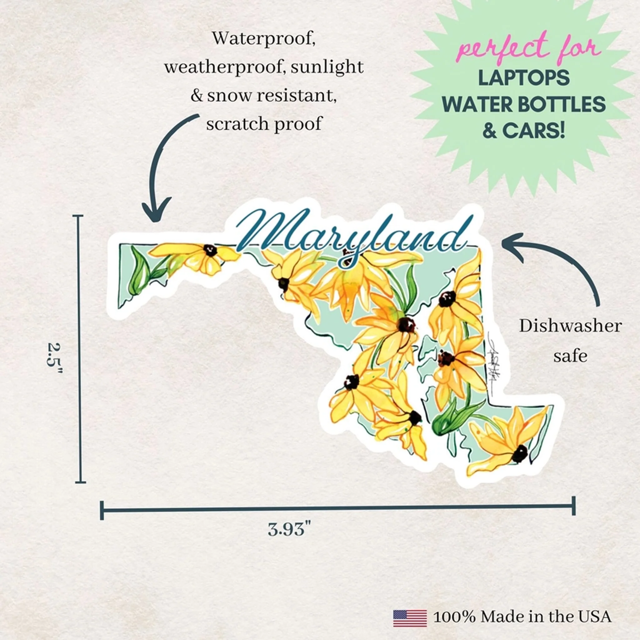 Maryland Floral State Shaped Vinyl Sticker - Image 3