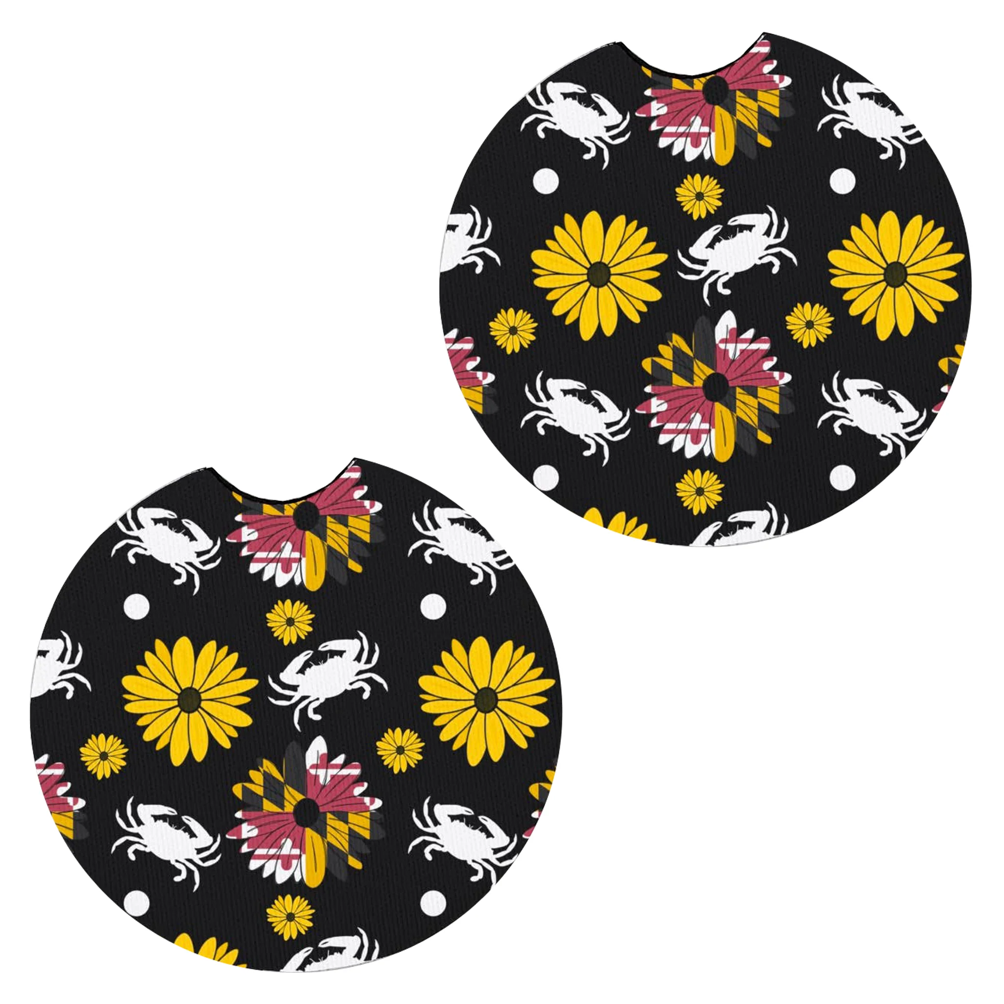 Maryland Flower & Crab Black Car Coasters Set of 2