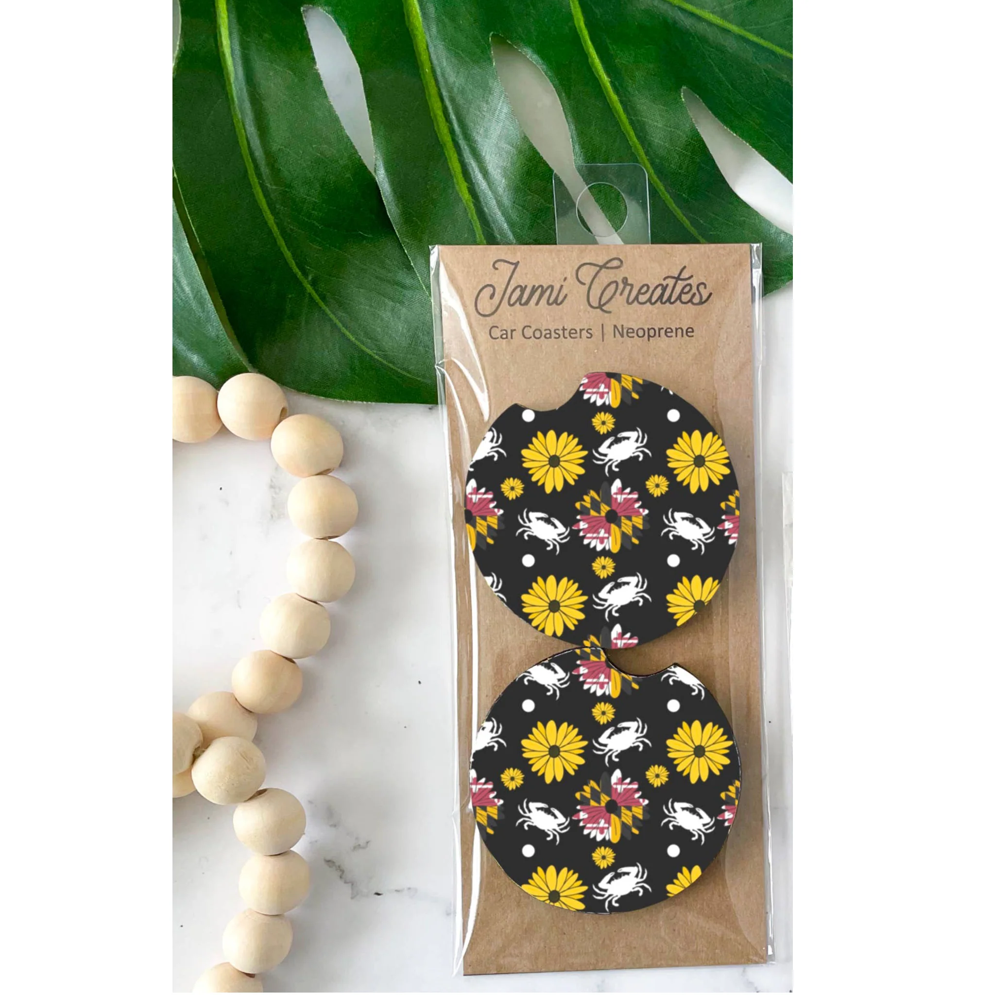 Maryland Flower & Crab Black Car Coasters Set of 2 - Image 2