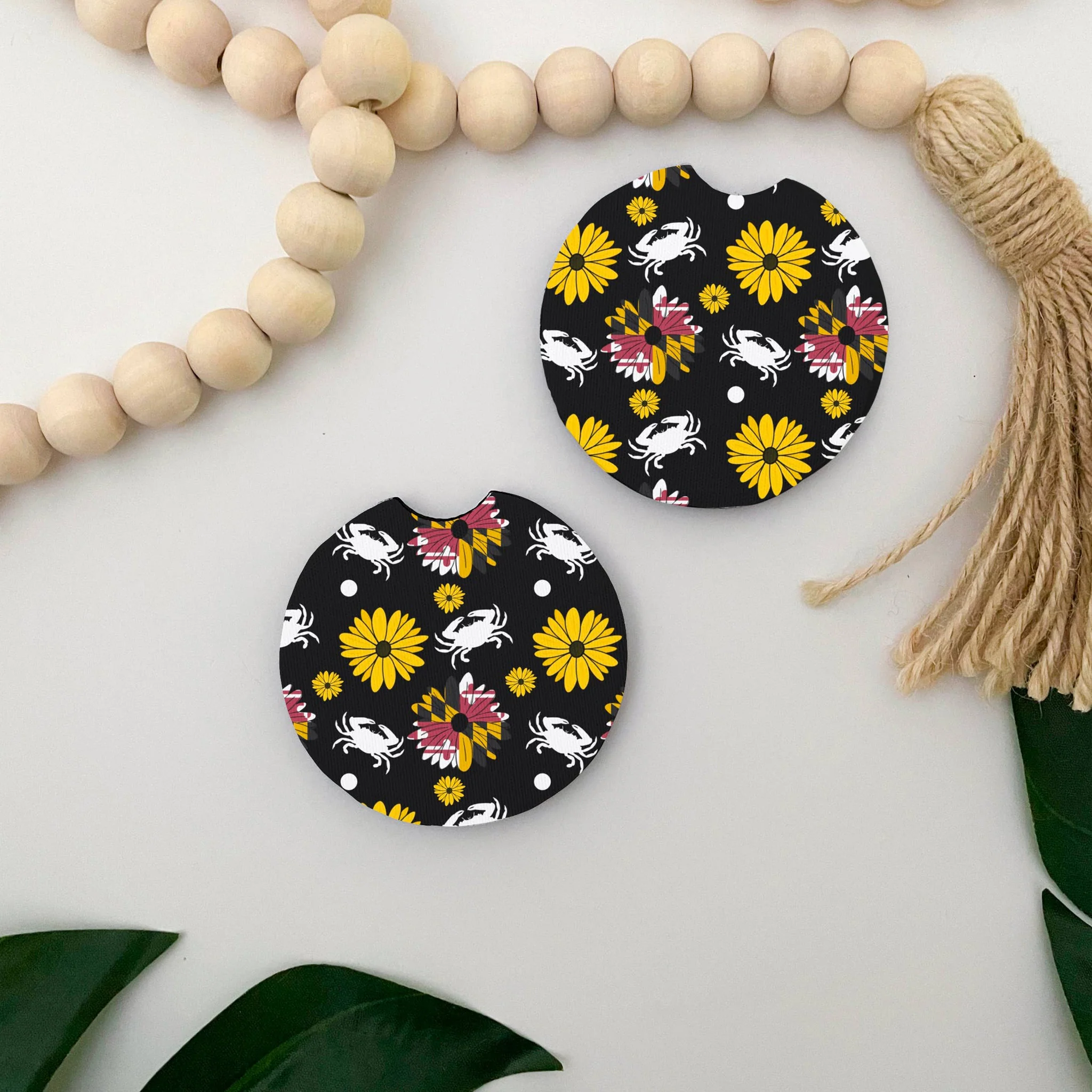 Maryland Flower & Crab Black Car Coasters Set of 2 - Image 3