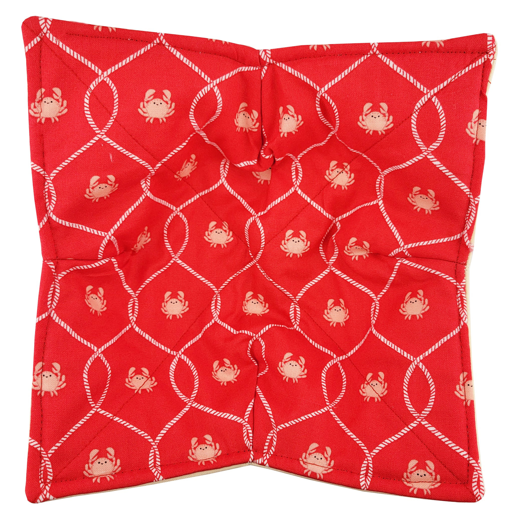 Pink Crabs and White Net Red Microwave Bowl Cozy Potholder - Image 2