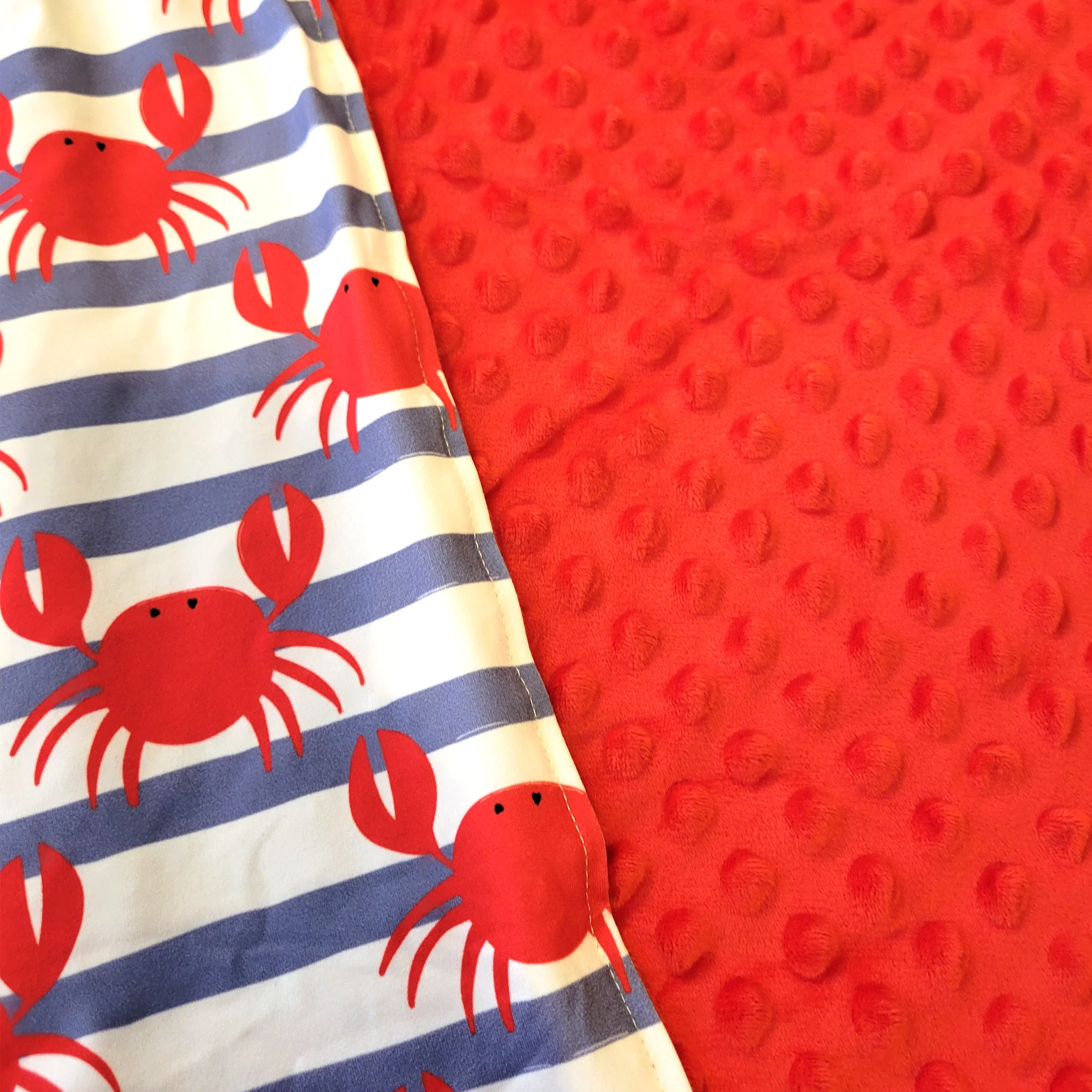 Red Crab Blue Stripe Minky Baby Blanket - Image 3