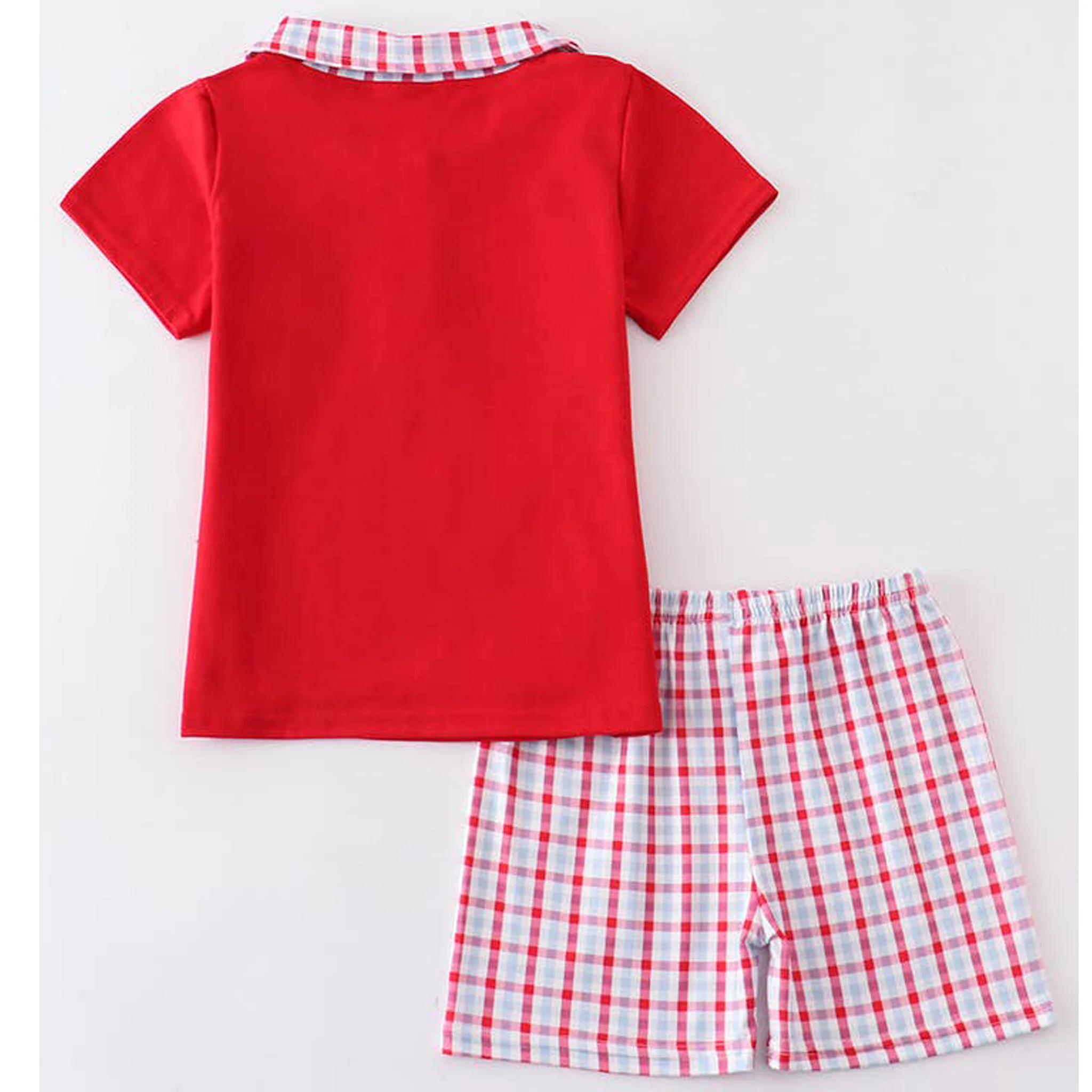 Red Crab Embroidered Boys Plaid Short Set - Image 2