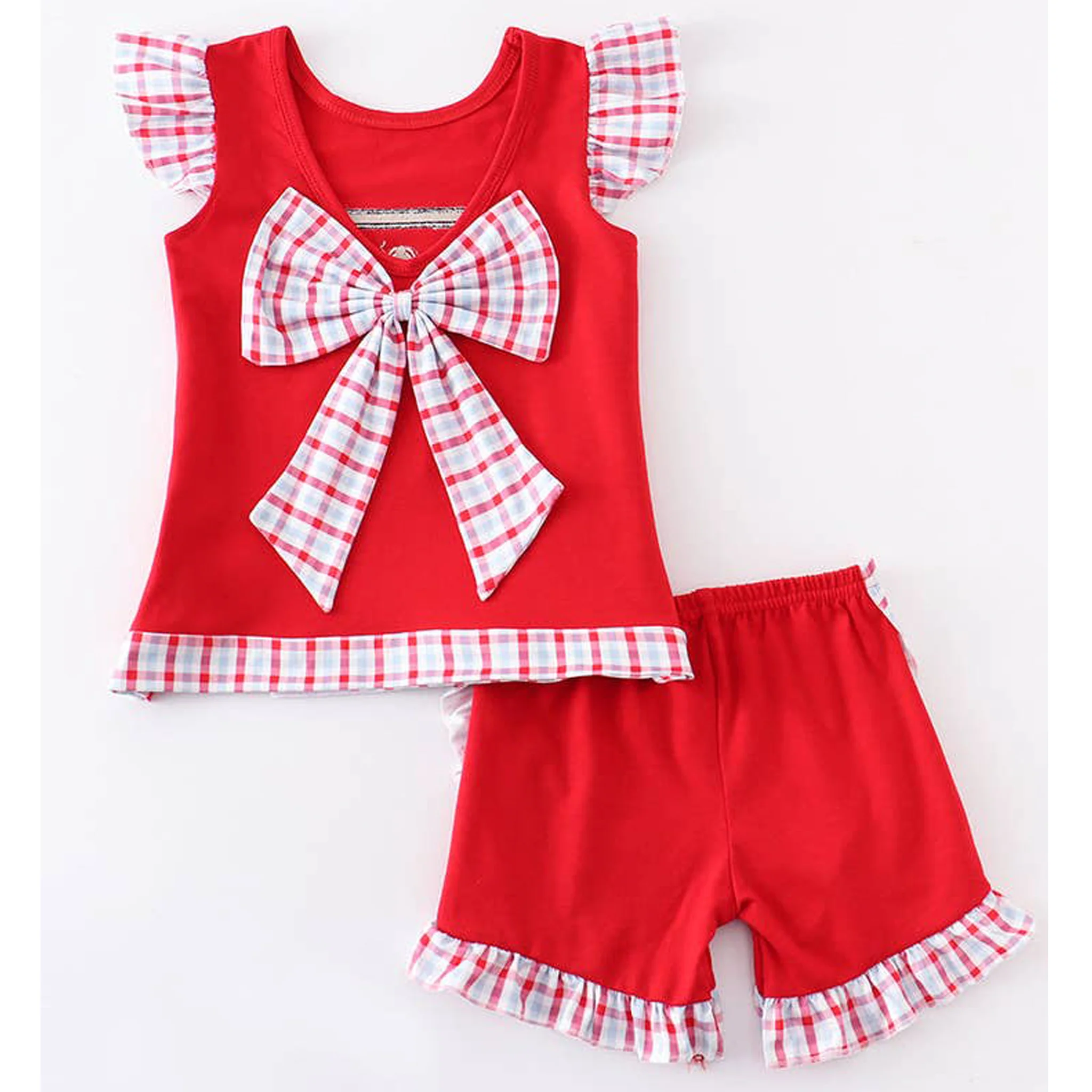 Red Crab Embroidered Girls Ruffle Short Set - Image 2