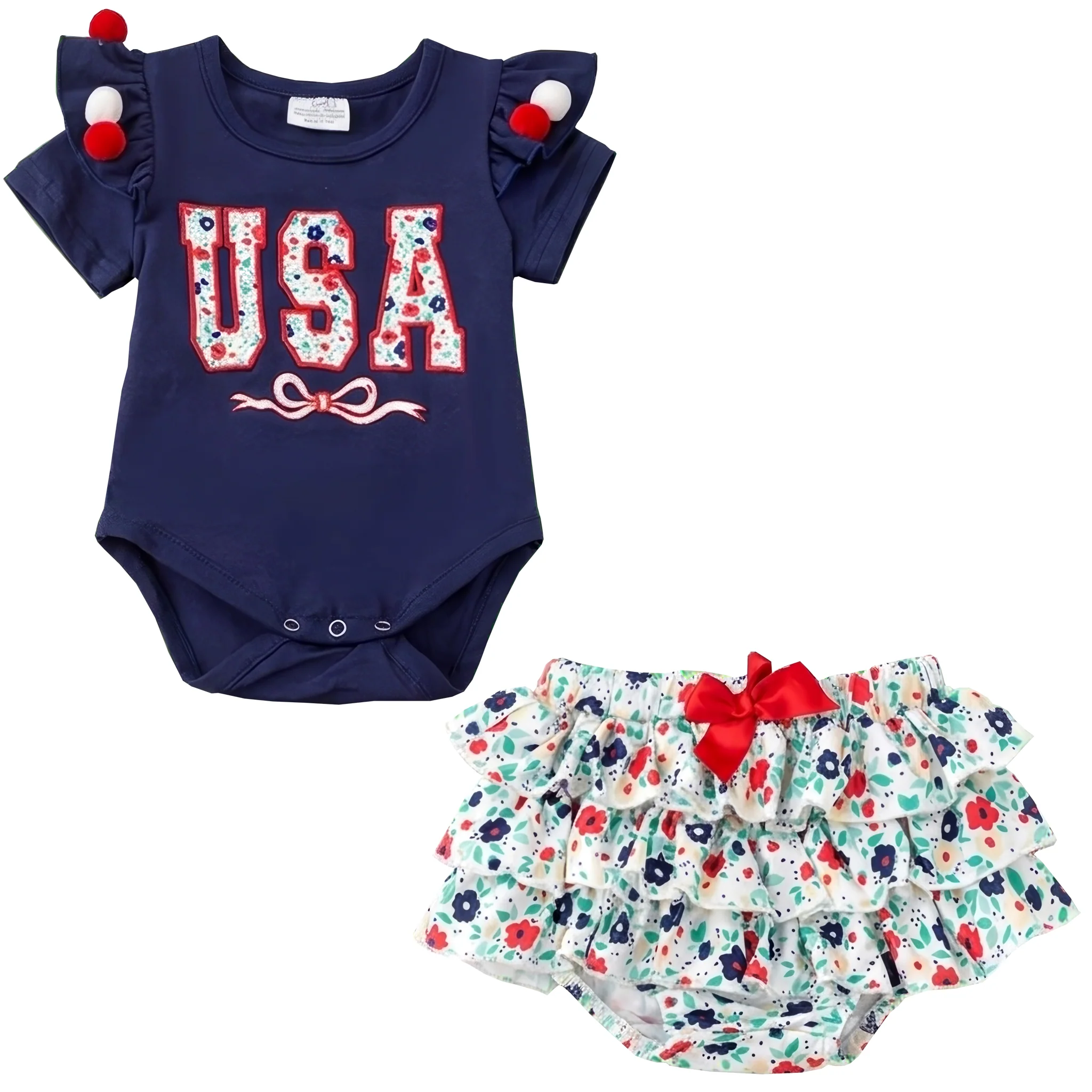 USA Floral Applique Baby Onesie and Bloomers Set